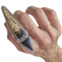 Load image into Gallery viewer, Petrified Wood and Onyx 925 Silver Ring.