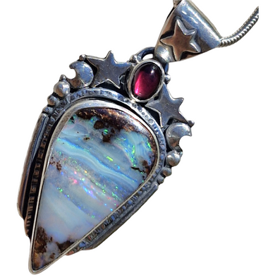 Boulder Opal and Garnet Stars Moon Magic Pendant